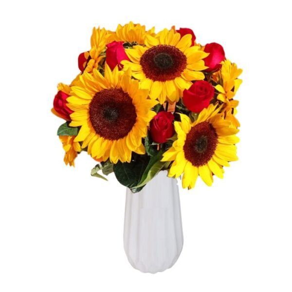 Jarrón de Cerámica con 8 Rosas y 8 Girasoles