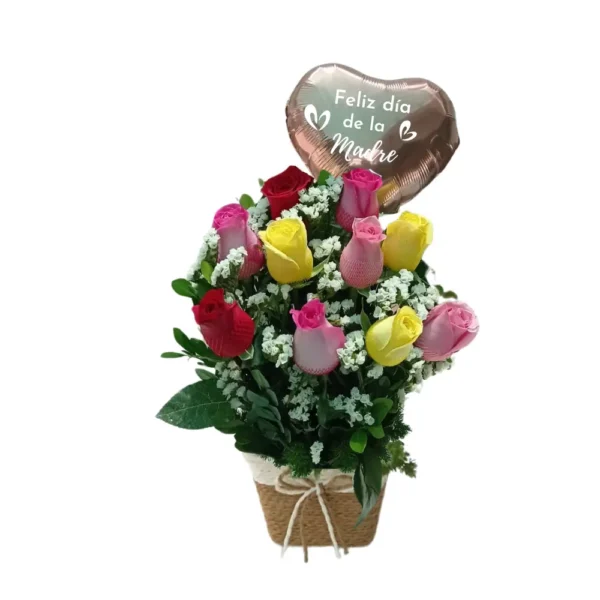 Canasta con 10 rosas de colores