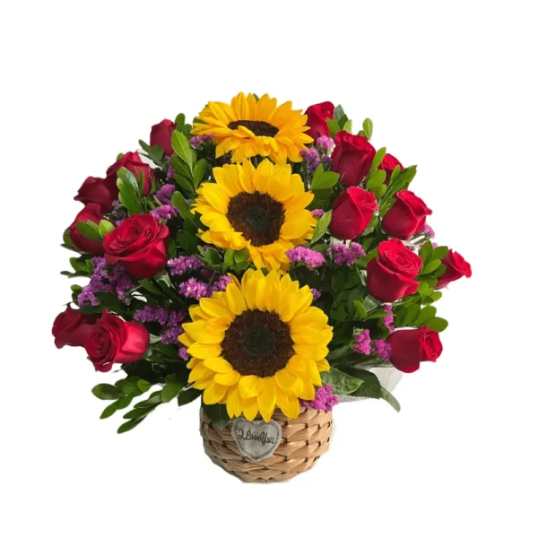 Arreglo 12 rosas y 3 girasoles