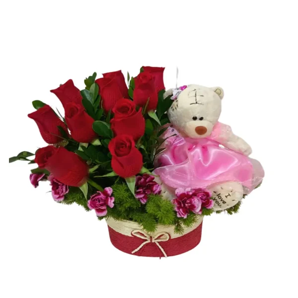Arreglo 12 rosas y peluche